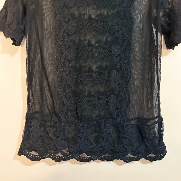 Black Mesh Tee with Lace Overlay and Scalloped Edges - Picture 11 of 13